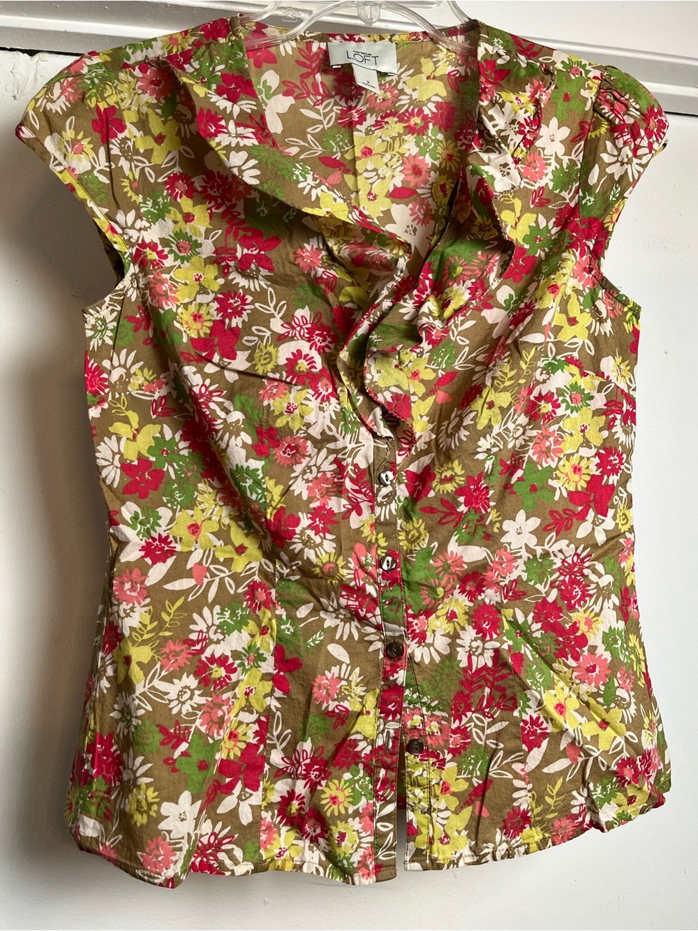 LOFT Brown Floral Ruffle Cap-Sleeve Blouse with Red, Green & Yellow Accents